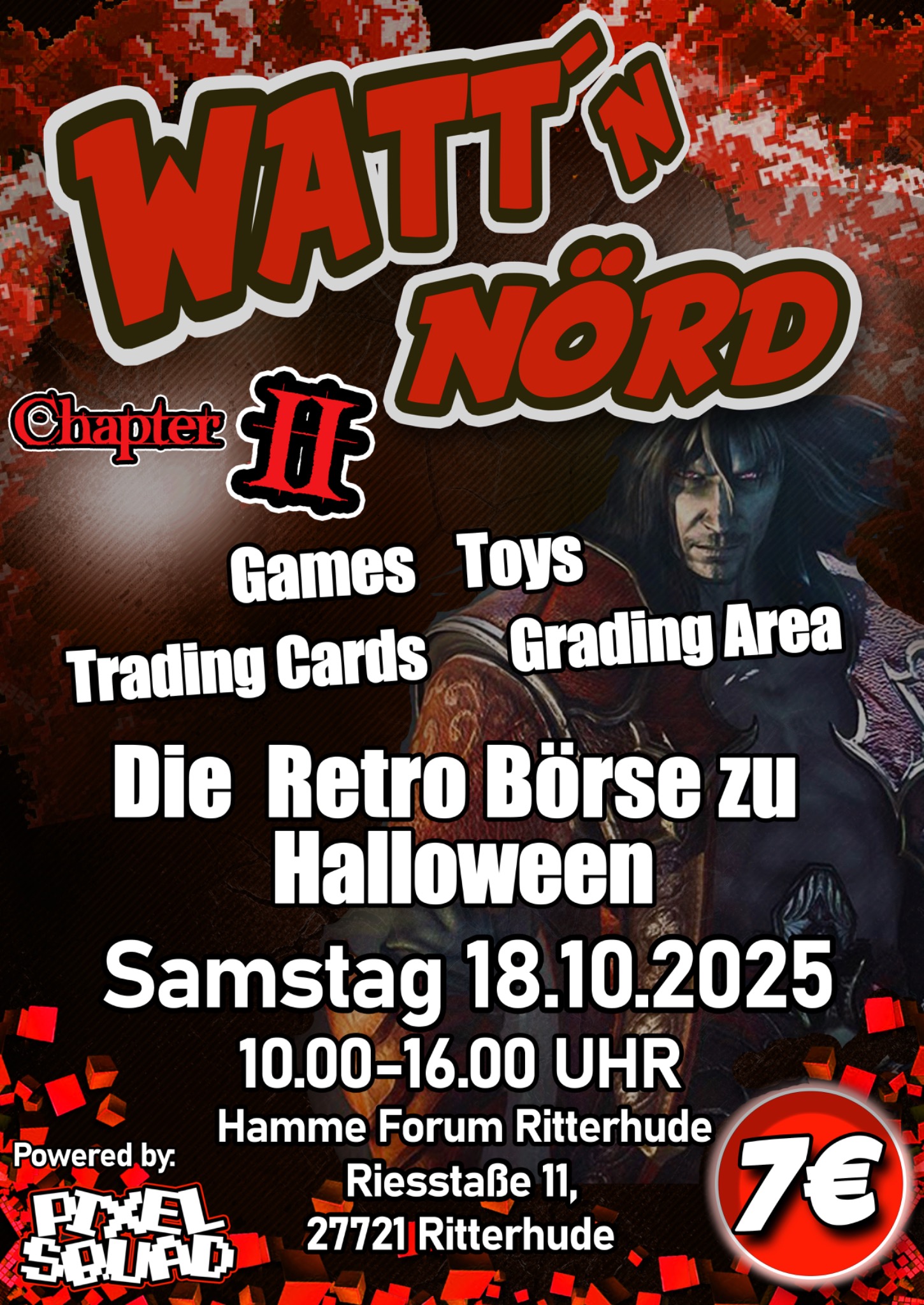Roter Halloween-Flyer der zweiten WATT’N’NÖRD am 18. Oktober 2025
